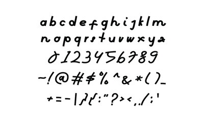hand writing font in vector design graphic. lowercase and bold alphabet, numeric, and symbols letter illustration for book, note, magazine, poster, etc. modern handwritten typography.