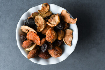 Dried fruits on a white plate.
assortment dried fruits close up.
dried fruits, apples, pears, apricots, plums, grapes