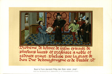 Raoul le Fèvre (Lefèvre) überreicht Philipp dem Guten sein Werk Historire de Jason. Nach einer Handschrift des 15. Jahrhunderts,