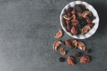 Dried fruits on a white plate.
assortment dried fruits close up.
dried fruits, apples, pears, apricots, plums, grapes