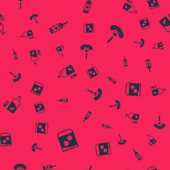 Set Glass of whiskey, bottle vodka, Vodka with pepper and glass and Pickled cucumber on fork on seamless pattern. Vector.