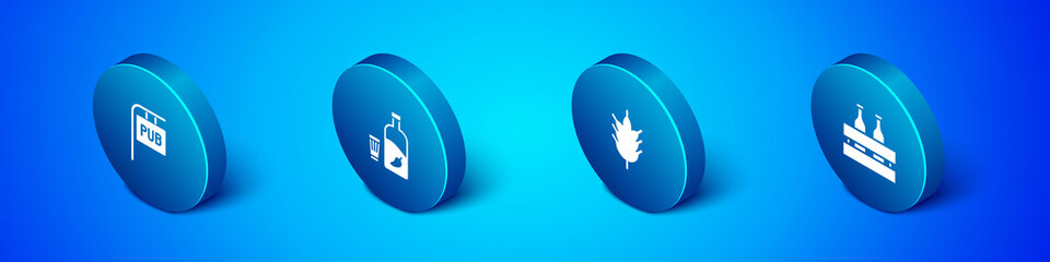Set Isometric Street signboard with Pub, Hop, Pack of beer bottles and Vodka pepper and glass icon. Vector.