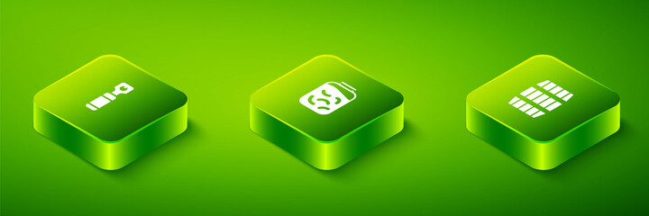 Set Isometric Pickled cucumbers in a jar, Wooden barrel and Bottle opener icon. Vector.