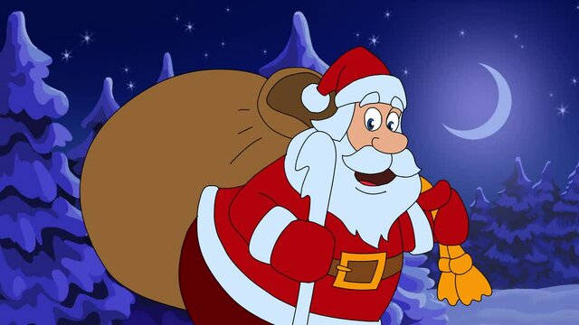 Christmas animated card Santa Claus at the house in forest. Part 2. Santa takes a bag of gifts