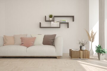 White living room with sofa. Scandinavian interior design. 3D illustration
