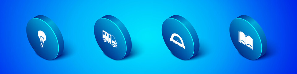 Set Isometric Light bulb with concept of idea, Protractor, Open book and School Bus icon. Vector.