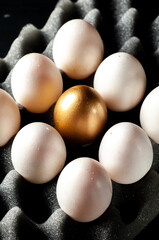 Golden eggs. Golden and white eggs on an eggshell foam. Popular saying: the goose that lays the golden eggs
