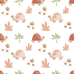 Cute funny safari seamless vector pattern with turtle and floral elements. Infantile style nursery art with pink turtle ideal for Fabric, Textile. Hand drawn modern illustration in Boho colors.