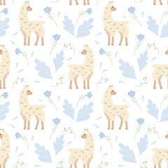 Vector seamless pattern with cute cartoon lamas. Wallpaper with nice alpacas and plants on a white background. Texture for textile or wrapping paper.