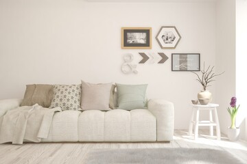 White living room with sofa. Scandinavian interior design. 3D illustration