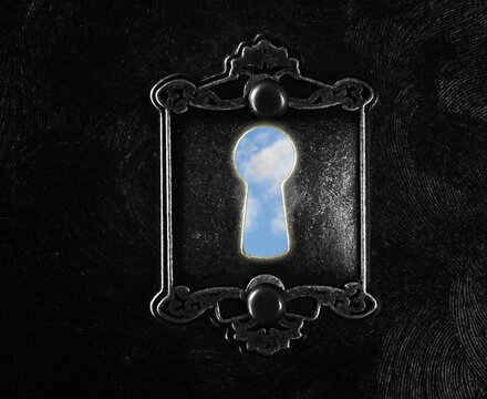 Vintage lock with blue sky keyhole dark background