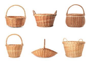 Set with different wicker baskets on white background - obrazy, fototapety, plakaty