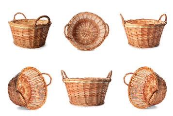 Set with wicker baskets on white background