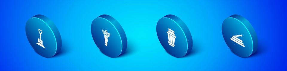Set Isometric Shovel in the ground, Garden light lamp, hose or fire hose and Carrot icon. Vector.