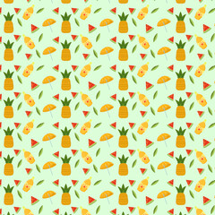 a pattern on the theme of summer, beach and vacation. background with pineapple, watermelon slices, sunscreen and beach umbrella