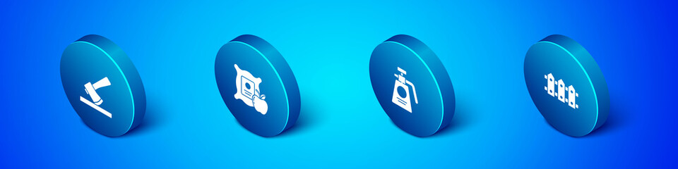 Set Isometric Wooden axe, Garden sprayer for fertilizer, fence wooden and Apple in the sack icon. Vector.