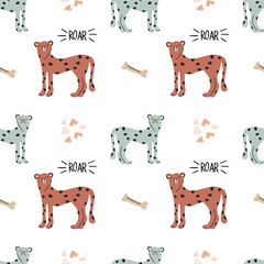 Fototapeta premium Cute funny safary seamless vector pattern with cheetahs, bones and roar quotes. Infantile style nursery Art with leopard cats perfect for Fabric, Textile. Hand drawn modern illustration in nice colors