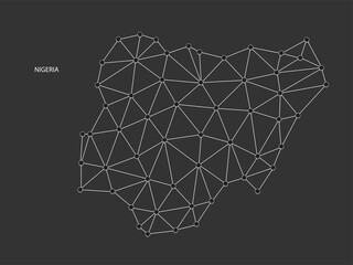 Nigeria Map Point scales on black background. Wire frame polygonal network white line, dot and shadow dot.