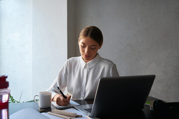 Charming lady sitting at table and using wireless laptop