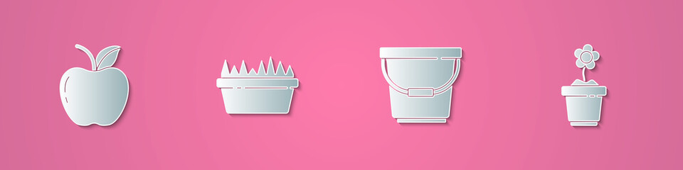 Set paper cut Apple, Fresh grass in a rectangular, Bucket and Flower pot icon. Paper art style. Vector.