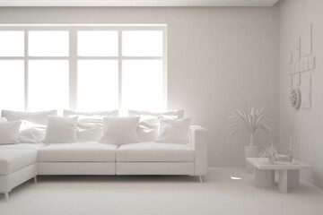 Fototapeta premium White minimalist living room with sofa. Scandinavian interior design. 3D illustration