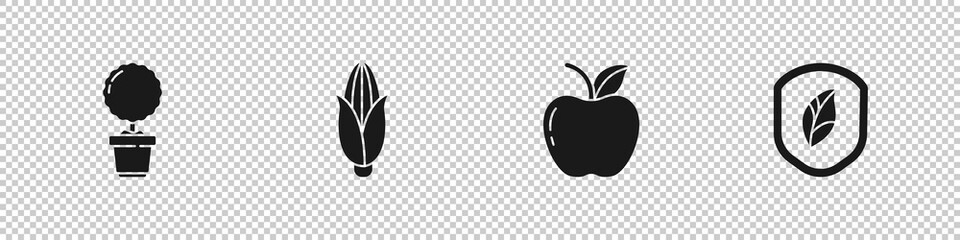 Set Flower in pot, Corn, Apple and Shield with leaf icon. Vector.