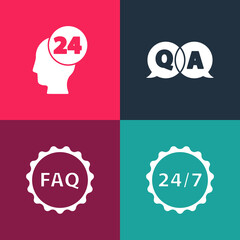 Set pop art Clock 24 hours, Label with text FAQ, Question and Answer and Support operator in touch icon. Vector.