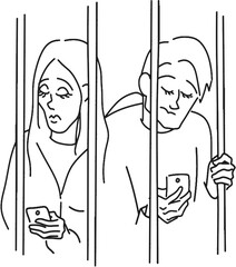 internet addiction icon print. boy and girl with phone in prison. gadget addiction with phone concept logo