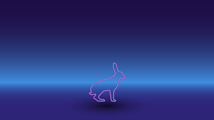 Neon hare symbol on a gradient blue background. The isolated symbol is located in the bottom center. Gradient blue with light blue skyline