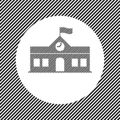 A large school building symbol in the center as a hatch of black lines on a white circle. Interlaced effect. Seamless pattern with striped black and white diagonal slanted lines