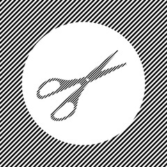 A large scissors symbol in the center as a hatch of black lines on a white circle. Interlaced effect. Seamless pattern with striped black and white diagonal slanted lines