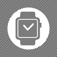 A large smart watch symbol in the center as a hatch of black lines on a white circle. Interlaced effect. Seamless pattern with striped black and white diagonal slanted lines