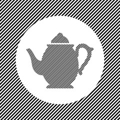 A large teapot in the center as a hatch of black lines on a white circle. Interlaced effect. Seamless pattern with striped black and white diagonal slanted lines