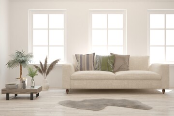 Fototapeta premium White living room with sofa. Scandinavian interior design. 3D illustration