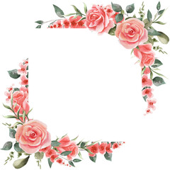 Watercolor floral vignette with pink roses and leaves. Frame for text decoration, invitations, announcements, congratulations, postcards, etc. Spring illustration.