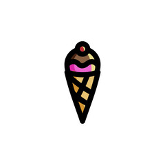 Sweet Strawberry with Chocolate Sauce and Cherry Fruit Ice Cream Cone Foods Icon Logo Vector Illustration. Outline Style.
