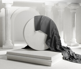 Unveil Black Cloth Cover From Round Stone Classic Colums Pillars. Empty Space Mockup Template 3D Rendering © natanaelginting