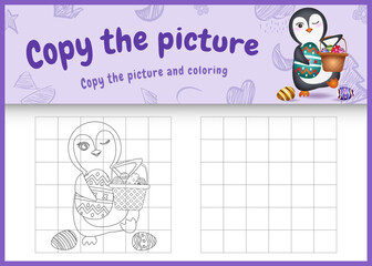 copy the picture kids game and coloring page themed easter with a cute penguin holding the bucket egg and easter egg