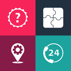 Set pop art Telephone 24 hours support, Location with gear, Piece of puzzle and Question mark icon. Vector.