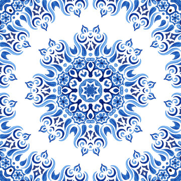 Fototapeta Watercolor tile with mandala. Mediterranean design.