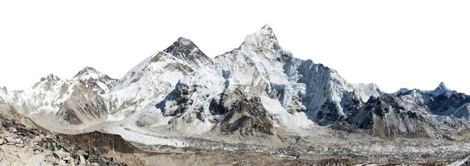 Mount Everest and Nuptse isolated on white sky