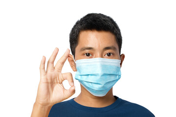 young man wearing a protective face mask with shows OK sign on white background.