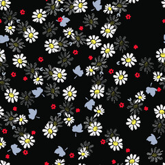 Seamless daisy pattern in small cute wild simple flowers on black background. Liberty style millefleurs. Floral chamomile background for textile, wallpaper, pattern fills, covers, surface, print, wrap