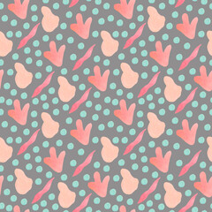 Watercolor seamless pattern with abstract shapes on gray isolated background.Space pink and green print with hand painted textures.Designs for textiles,wallpaper,wrapping paper,fabric,social media.