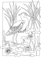 Vector coloring page with heron on the beach.