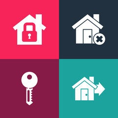 Set pop art Sale house, House key, with wrong mark and under protection icon. Vector.