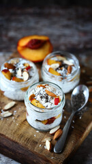 Chia yogurt with peach and almonds. delicious healthy dessert. The keto diet.