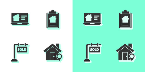 Set Location with house, Online real estate, Hanging sign Sold and House contract icon. Vector.