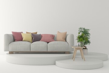 White interior layout with sofa, wooden table and green home plant. Scandinavian interior design. 3D illustration