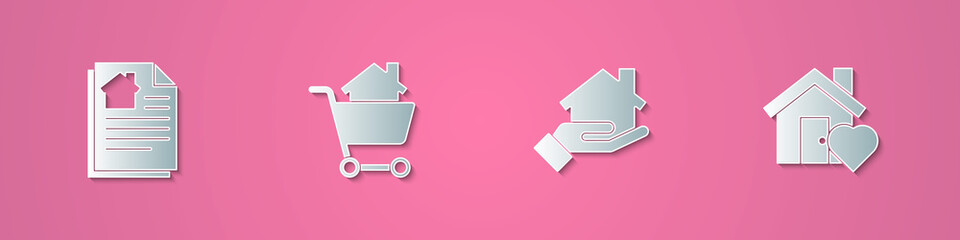 Set paper cut House contract, Shopping cart with house, Realtor and heart shape icon. Paper art style. Vector.